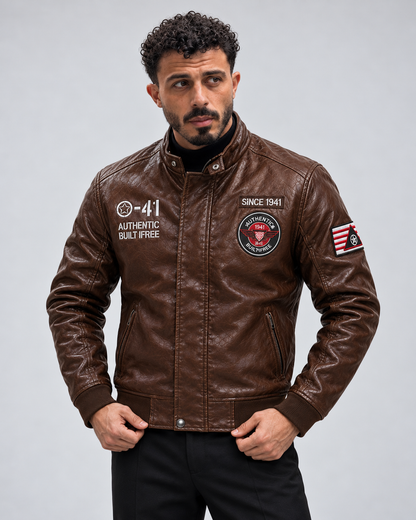 Chaqueta Piloto Aviadora - En Cuero con Bordados Premium